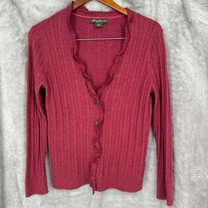 Eddie Bauer Women's Cardigan Sweater Ruffle V Neck Cable Knit Maroon Size L